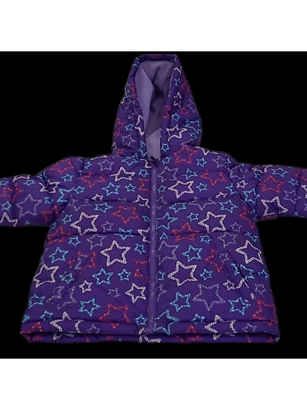 Faded Glory Toddler Puffer Jacket 24M Purple Star Print Hooded Winter Coat NWOT